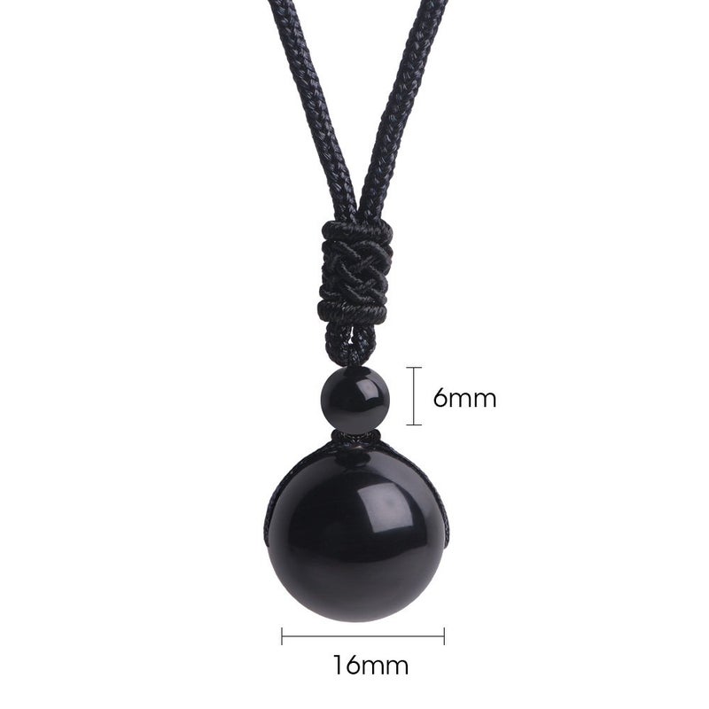 iSTONE Unisex Genuine 16mm Round Beads Gemstone Pendant Necklace Black Rope Chain 25 inch (Black Obsidian) - Image 2